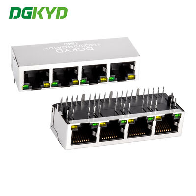 Metal Shielded Four Port RJ45 Modular Jack 1000 Base-Tx with LED and PCB Mount