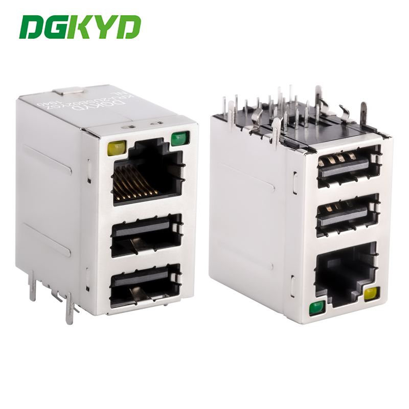 Cat3 RJ45 Connector Stack Over Dual USB 2.0 A Type With Y/G Led KRJ-2USB02YGZNL